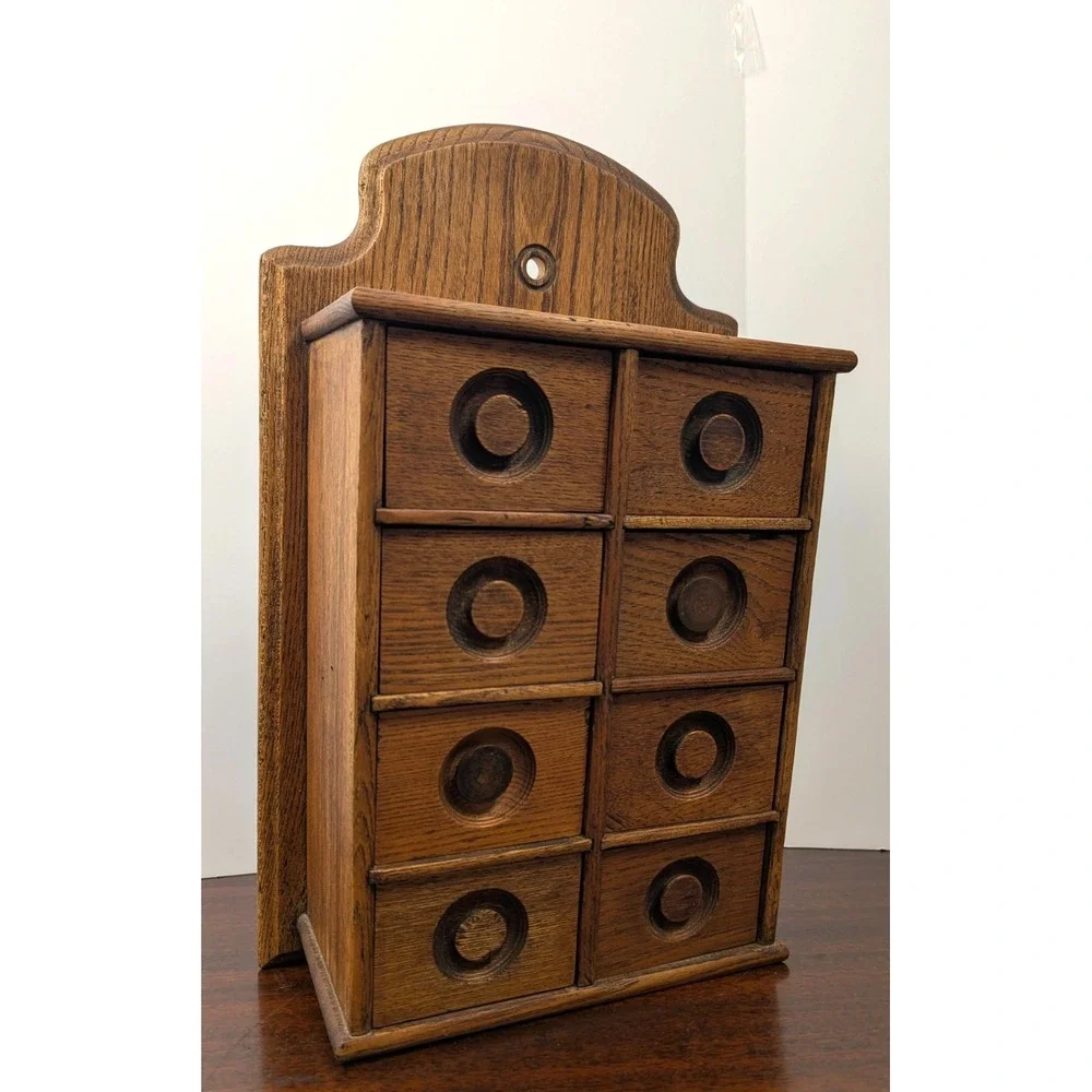 Antique Primitive Oak Wood Wall Spice Cabinet 8 Drawer Hanging Rack 16x11